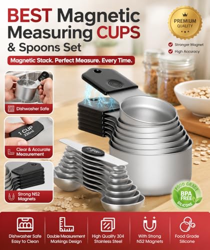 Magnetic Measuring Cups & Spoons Set|304 Stainless Steel Dual Scale Set of 15, Strong N52 Magnetic Nesting Design with Leveler, for Dry&Liquid Ingredients, Dishwasher Safe(Black) - color: Magnetic Measuring Cups & Spoons Set Black