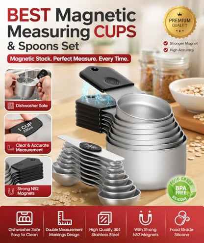 Magnetic Measuring Cups & Spoons Set|304 Stainless Steel Dual Scale Set of 15, Strong N52 Magnetic Nesting Design with Leveler, for Dry&Liquid Ingredients, Dishwasher Safe(Black) - color: Magnetic Measuring Cups & Spoons Set Black