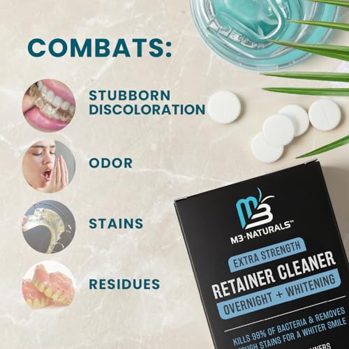 Overnight + Whitening Retainer Cleaner, Remove Stains, Discoloration, and Plaque | 4 Month Supply | Denture Cleanser with Whitening Boost,120 Tablets by M3 Naturals (Pack of 2) - size: 120 Count (Pack of 2)
