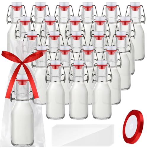 24 Pcs Christmas Coquito Swing Top Glass Bottles 3.4 oz Round Flip Top Brewing Bottles with Pine Needle Stickers for Home Brewing Liqueur DIY Wedding Christmas Gifts Party Favor - size: 3.4 oz