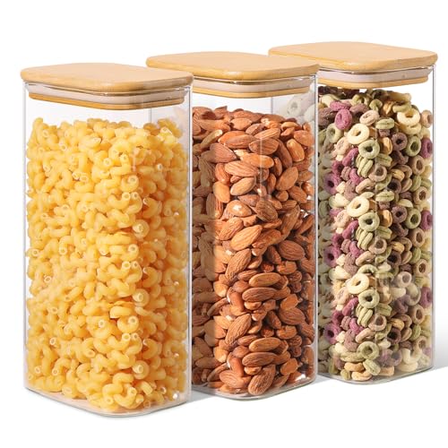 ComSaf 1.8Qt Rectangular Glass Food Storage Containers with Lids, 3-Piece Airtight Cereal Containers Storage, Glass Jars with Bamboo Lids, Space Saving Pantry Organizers for Flour, Pasta, Nut & Coffee - size: 1.8 Qt-3Pcs