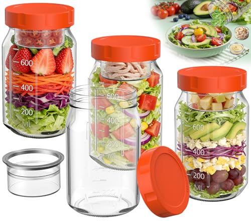 4Pack Glass Salad Jars with Lids, 32oz Salads Mason Jars with Wet/Dry Separation Cup, Meal Prep Salad Containers for Lunch, Leakproof Wide Mouth Food Storage Containers, BPA-Free Reusable (Orange) - color: Orange