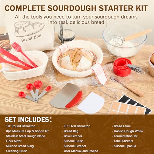 Sourdough Starter Kit, Sourdough Bread Baking Supplies -10" Round Oval Banneton Proofing Baskets, 32 oz Sourdough Starter Glass Jar, Bread Making Tools, for Bread Making/Baking Fermentation