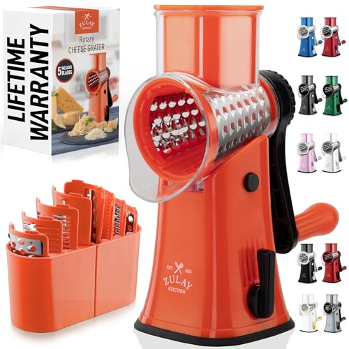 Zulay Kitchen Rotary Cheese Grater 5 Blade Cheese Shredder - Manual Hand Crank Cheese Grater With Reinforced Suction & 5 Interchangeable Drums - Easy to Use, Vegetable Chopper Round Mandoline Slicer - color: Orange & Black