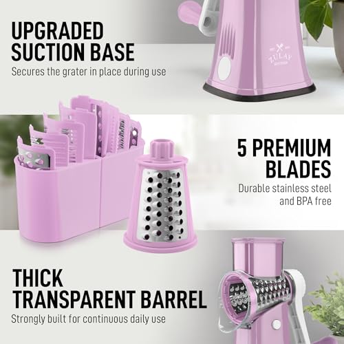 Zulay Kitchen Rotary Cheese Grater 5 Blade Cheese Shredder - Manual Hand Crank Cheese Grater With Reinforced Suction & 5 Interchangeable Drums - Easy to Use, Vegetable Chopper Round Mandoline Slicer - color: Pink and White