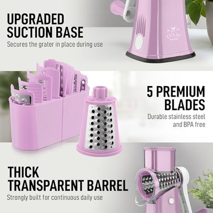Zulay Kitchen Rotary Cheese Grater 5 Blade Cheese Shredder - Manual Hand Crank Cheese Grater With Reinforced Suction & 5 Interchangeable Drums - Easy to Use, Vegetable Chopper Round Mandoline Slicer - color: Pink and White
