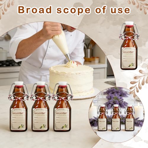 14 Pcs 4 oz Amber Swing Top Brown Square Glass Bottles with Caps Sticker and Cotton Twines Flip Top Glass Bottle for Home Tea Vanilla Extract Beer Brew Oil Supply