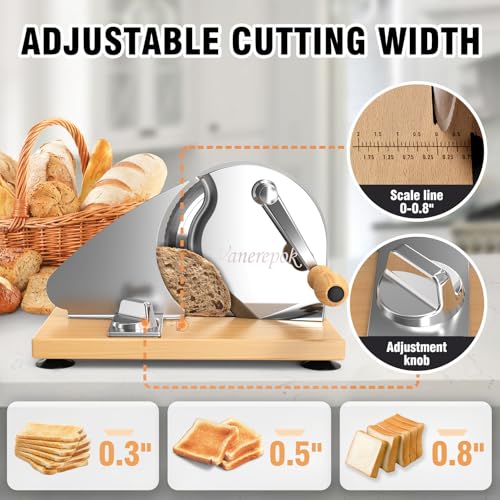 vanerepok Manual Bread Slicer Adjustable Thickness for Homemade Sourdough | Hand Crank Bread Cutter with Scale & Stable Suction Cups & Wood Base for Even Slicing Perfect Baking Gift for Home Bakers - color: Silvery-white