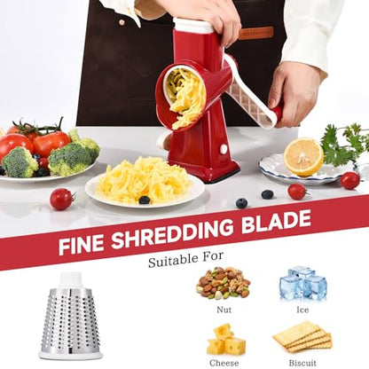Rotary Cheese Grater with Handle Kitchen Shredder Slicer Grater Slicer Ice Shaver Cheese Vegetable Nuts Potato Zucchini Chocolate 3 Interchangeable Blades (RedWhite) - color: RedWhite