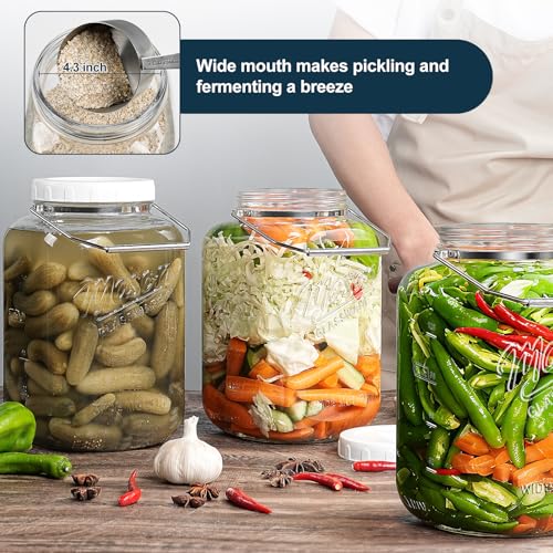 2 Pack 1.5 Gallon Glass Jar With Airtight Lid, Large Mason Jars Wide Mouth with Scale Marks, Big Glass Storage Containers with Heavy-duty Handles & Non-slip Bases - for Flour, Pickling (192Oz