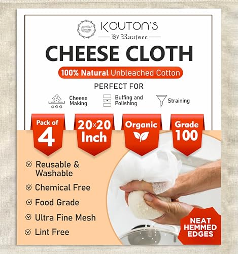 100% Unbleached Cheese Cloths – 4 Pcs Precut 20x20 inch Hemmed Reusable Cheesecloth for Straining - Grade 100 Organic Cheese Cloth - Ultra Fine Muslin Cloth for Juicing Brewing Baking Turkey - size: 20x20 inch 4 Pcs