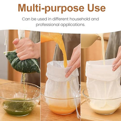 Organic Cotton Nut Milk Bags 3 Pack (10x12, 12x12, 13x13) Reusable Food Grade Fine Mesh Strainer for Almond Milk, Oat Milk, Cold Brew Coffee, Yogurt, Juice, Tea, Cheesecloth, Unbleached Cotton