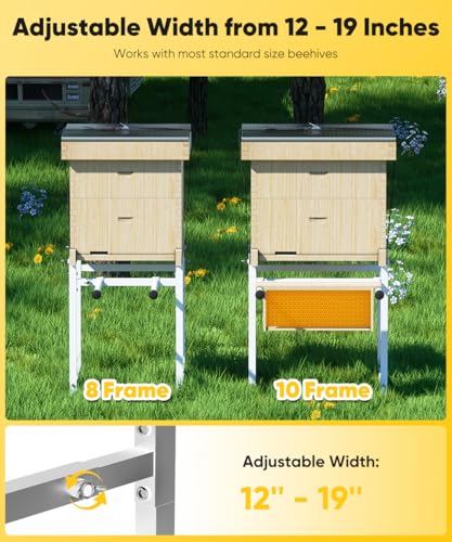 Mondazie Adjustable Metal Bee Hive Stand with Detachable Beehive Frame Holder for 8 & 10 Frame, 12 to 19 Inches Width Flow Hives Stand with 120-Inches Strap, Flowhive Stands Base for Beekeeping, White - color: White - With Frame Holder