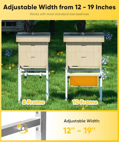 Mondazie Adjustable Metal Bee Hive Stand with Detachable Beehive Frame Holder for 8 & 10 Frame, 12 to 19 Inches Width Flow Hives Stand with 120-Inches Strap, Flowhive Stands Base for Beekeeping, White - color: White - With Frame Holder