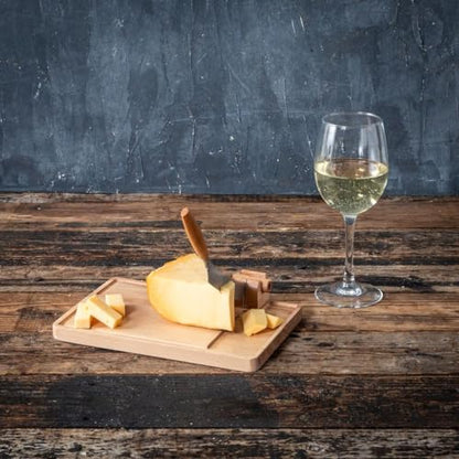 BOSKA Cheese Cutter Lumberjack Amigo - Serving Board with Cheese Knife - Beechwood and Stainless Steel - for Cheese and Sausage - Safe Cutting - with Crumb Catcher - 9 Inches