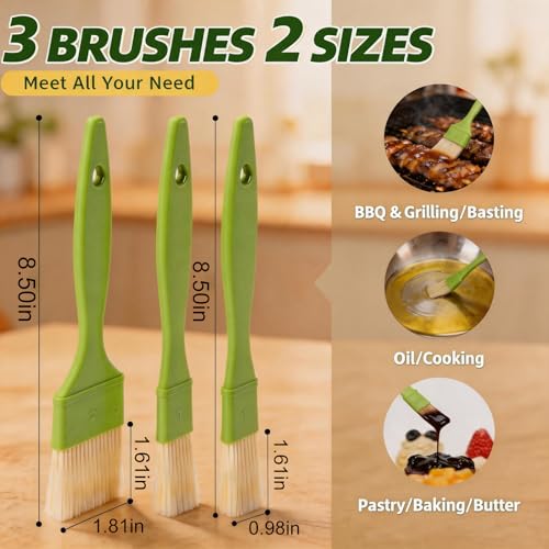 3 Pcs Pastry Brushes Set,Kitchen Oil Brush, Bristle Brush,Heat-Resistant, Suitable for Cooking, Baking, and Grilling, Applying Butter, Oil, or Egg Wash, with Hanging Hole Design - Green(2, 1in, 2in)
