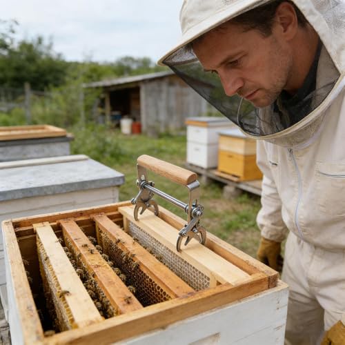 Hive Frame Gripper, Ergonomic Wooden Handle, 12.2x12cm, Stainless Steel Anti-Slip Frame Grip, Honey Harvesting Lifter, Secure Hold Design Easy Use, for Hive Removal and Maintenance