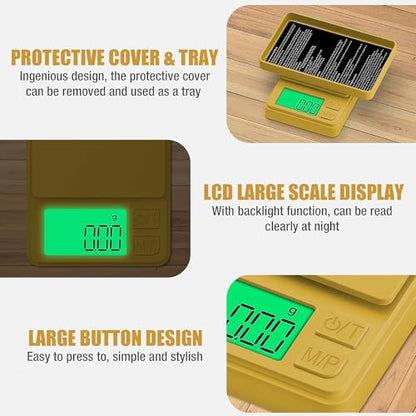 1000g x 0.01g Precision Gram Scale, Diyife Pocket Scale with Protective Cover, 7 Units, Backlit LCD, Tare Function, Digital Jewelry Scale for Gold, Gem, Battery Included, Gold | 7 Units, Protective Cover, Tare Function, Digital Jewelry Scale for Gold, Gem