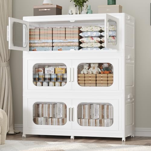 Extra Large 150GAL Storage Bins with Lid, 600QT Stackable Collapsible Plastic Storage Containers with Wheels, Folding Closet Organizer for Home, Office, Kitchen, 3Pack White - color: White, size: 50Gal-3Pack