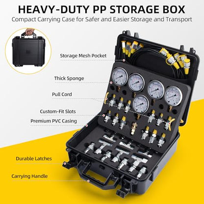 Hydraulic Pressure Test Kit with 5 Gauges(Max 10000 PSI), 13 Test Couplings 14 Tee Connectors 5 Test Hoses, Hydraulic Gauge Tester Set for Excavator, Construction, Machinery, and Mine - style: 5 Gauge Test Kit