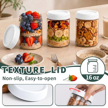 6-Pack Glass Storage Containers with Lids, Overnight Oats Containers with Lids, Wide Mouth Mason Jars 16oz, Glass Jar with Airtight Lid for Yogurt, Chia, Sugar, Snack, Oats, Food Storage - color: White