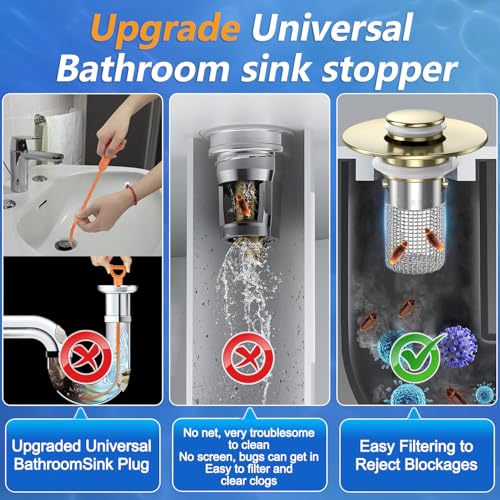 Bathroom Sink Drain Strainer,(4PCS) Pop-up Sink Drain Strainer with Removable Stainless Steel Strainer Basket Hair Catcher, Bathroom Sink Strainer for Bathroom Sink Stopper Replacement - color: 4, Brushed Gold