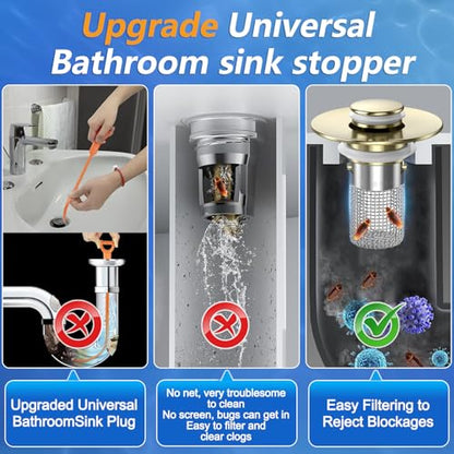 Bathroom Sink Drain Strainer,(3PCS) Pop-up Sink Drain Strainer with Removable Stainless Steel Strainer Basket Hair Catcher, Bathroom Sink Strainer for Bathroom Sink Stopper Replacement - color: 3, Brushed Gold