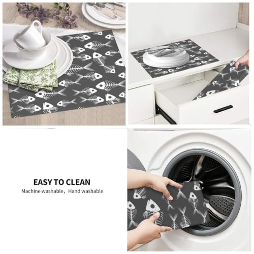 Nautical Fish Skeleton Silhouettes Dish Drying Mats for Kitchen Counter, Super Absorbent Microfiber Drainer Pad, Washable Reversible Appliance Protector, Everyday Kitchen Must-Have, 16x18 Inch - color: Nautical Fish Skeleton Silhouettes
