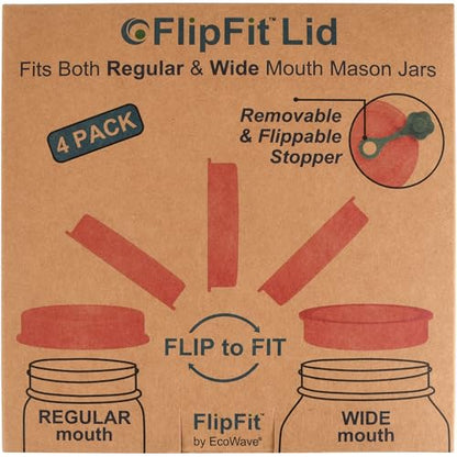 ORIGINAL CREATOR - FlipFit™ Silicone Mason Jar Lids with Straw Hole - Dual-Fit Regular Mouth & Wide Mouth Mason Jars Ball, Kerr, Mainstays - Drinking Lids with Straw Hole - Plastic-Free