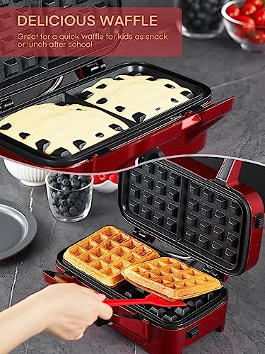 FOHERE Waffle Maker 3 in 1 Sandwich Maker 1200W Panini Press With Removable Plates and 5-gear Temperature Control, Non-stick Coating Easy to Clean,Indicator Lights, Red - color: Red