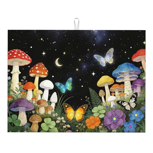 Mushroom Dish Drying Mat, for Kitchen Counter Microfiber Absorbent, Aesthetics Dish Draining Mat Extra Large 18"x24" - color: Mushroom