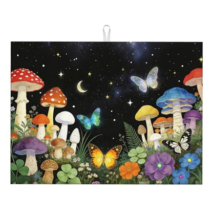 Mushroom Dish Drying Mat, for Kitchen Counter Microfiber Absorbent, Aesthetics Dish Draining Mat Extra Large 18"x24" - color: Mushroom