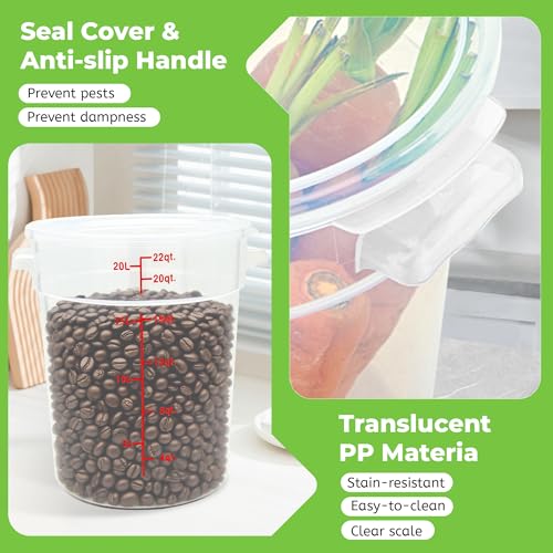 BIEAMA 4 Pack 22 Qt Round Food Storage Containers with Lids, Translucent PP | Include lids, labels, measuring cups and containers with capacity markings for food prep, pantry storage and dough proofing. - color: 22Qt Round-4 Pack
