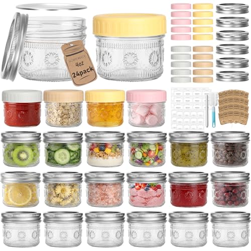 CycleMore 4oz Sunflower Glass Jars 24-Pack with 2 Types of Lids for Events | Small Mason Jars With Airtight 24 Metal Split + 24 Colorful Plastic Lids. BPA-Free. For Honey, Spices, Bulk DIY - size: SunFlower - 4 oz - 24 Pack & Dual Lids