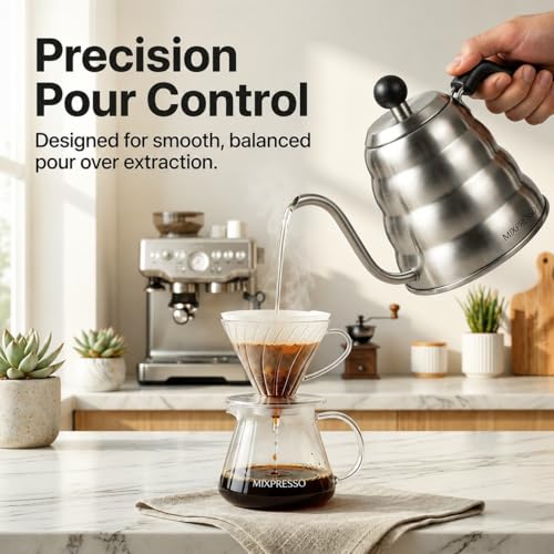 Mixpresso Gooseneck Pour Over Coffee Kettle, Barista Pour Control Design, Ideal for Coffee and Tea, High-Grade Stainless Steel 1.2 Liter 40 Oz, Induction Cooker Stovetop Kettle Stainless Steel - color: Stainless Steel