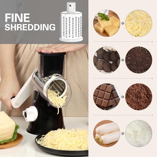 Cambom Rotary Cheese Grater Hand Crank Cheese Shredder for Fresh Cheese, Vegetable, Nuts,Non-slip Suction Base, Three Blades, Black - color: Black, size: 3 BLADES