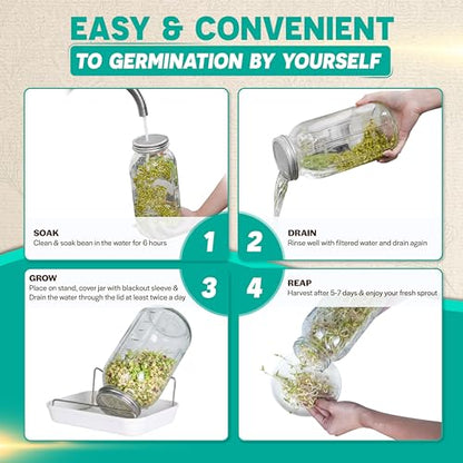 [LARGE SIZE] 2000ml(68oz) Seed Sprouting Mason Jar Kit with Stand,Drain Tray, Screen Lids,Blackout Sleeves,Good Ventilation & Drainage Capacity,Growing Fresh Organic Mung Beans,Broccoli & Microgreens