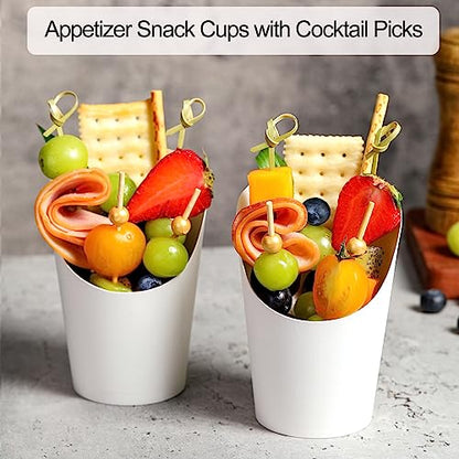 Disposable Charcuterie Cups 60 PCS with 200PCS Sticks and 60PCS Bags | 14 oz Kraft Paper Snack Boxes Appetizers Cup French Fry Holder with Cocktail Skewers Toothpicks Tooth Picks, White - color: White, size: 14 Oz 60 Pcs Set