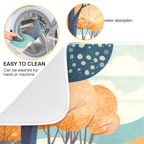 Trees Flower Path Turquoise Dish Drying Mat for Kitchen Counter Super Absorbent Draining Mat with Non-slip Backed Waterproof Sink Mats for Dish Bottles Cups Bowl Sinks Countertops Draining Racks