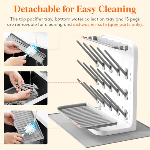 Lifewit Large Baby Bottle Drying Rack with Drain Mat & 15 Hooks, Newborn Essentials Must Haves, Bottle Storage Organizer for Countertop, Cabinet, Rack Dryer Holder for Pacifiers, Pump Parts - size: Large-15 Hooks