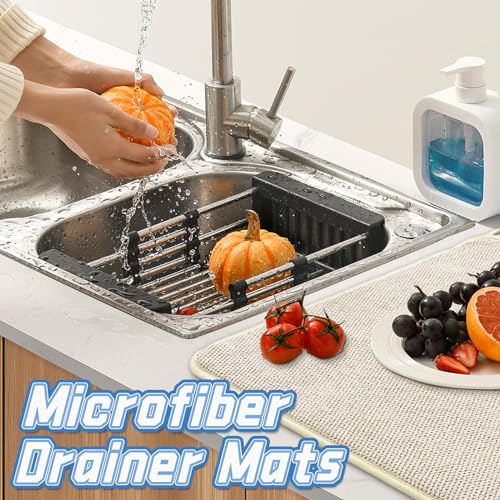 3 Pack XXL Dish Drying Mats,24×17" Absorbent Microfiber Dishes Drainer Mats,Large Size Pads for Kitchen Counter,Coffee,Rack,Under Sink(Beige,Blue,Gray)