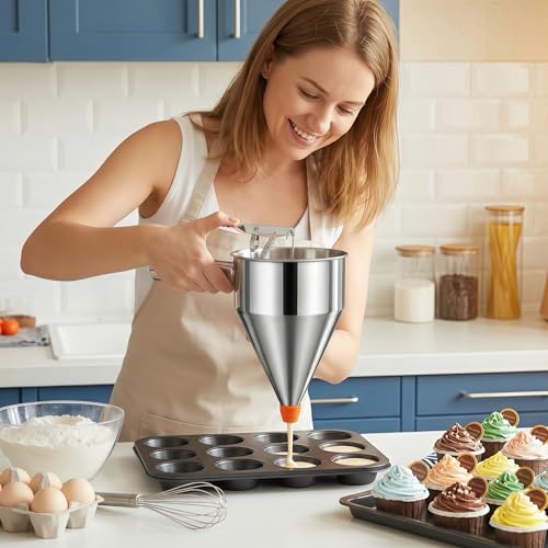 40oz Stainless Steel Pancake Batter Dispenser with Squeeze Handle & Stand, Multi-Nozzle Funnel Cake Dispenser for Pancakes, Cupcakes, Muffins, Waffles & Baking - Precise Control