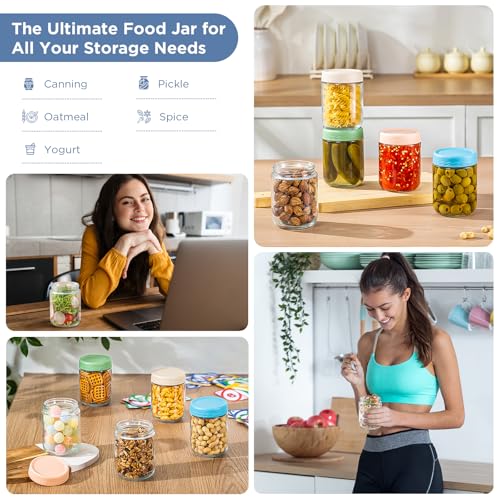 DRKIO 16 Oz Overnight Oats Containers with Lids - 4 Pack Glass Storage Jars with Airtight Lids Wide Mouth Mason Food Jars Great for Meal Prep Salad Chia Pudding Snacks Yogurt Sugar Spice Cereal - color: 16 Oz - 4 Colors