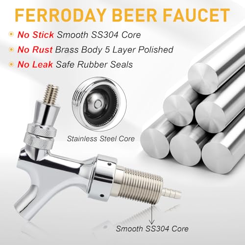 FERRODAY Upgraded 1-1/2 inch Shank, Stainless Steel Core Beer Tap Faucet, Chrome Plated Beer Faucet, No-Rust No-Leak Keg Tap Faucet for Homebrew, 1/4 Barb Kegerator Tap Faucet Parts - size: 1-1/2 inch Shank