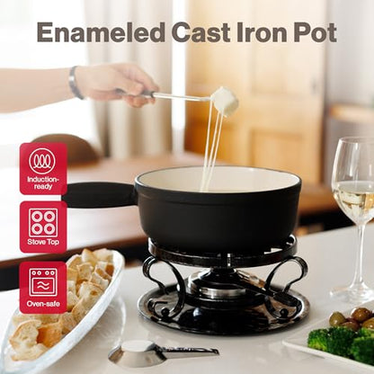 Swissmar Lugano Cast Iron Cheese Fondue Set, 9-Piece, 2 QT / 2 L - Ideal for Melting Cheese, Chocolates, Caramel, & More - Perfect for Kitchen Collection & Gift Giving - Matte Black - color: Black