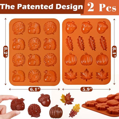 Webake The Original Thanksgiving Silicone Molds with Turkey, Pumpkin, Fall Leaf, Acorn Shapes, 2 Pack Turkey Mold for Candy, Cupcake Decorations, Thanksgiving, Halloween Fall Harvest Baking - style: Turkey