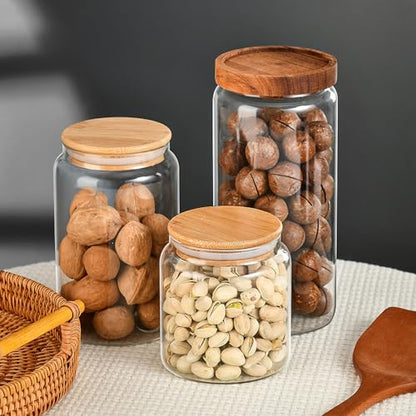 Custde Glass Jar with Lid, 28.7 FL oz Airtight Glass Storage Jar Glass Food Storage Containers for Kitchen Counter, Pantry, Decorative for Coffee, Sugar, Candy Jar Cute (Bamboo 28.7 FL OZ)