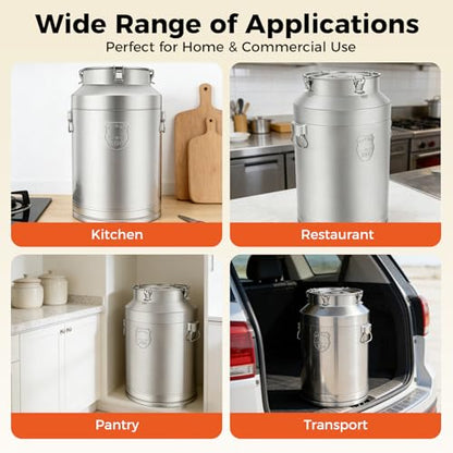Stainless Steel Milk Can, 76L/20.1Gal Storage Bucket Airtight Canister with Lid, Wine Oil Beverage Storage Container for Kitchen Restaurant Party, W15.8*H25.2in - size: 76L/20.1Gal w/o Faucet