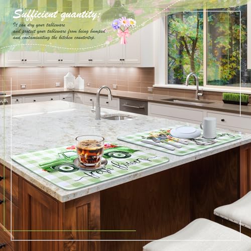 SiliFine 2 Pcs Dish Drying Mat for Kitchen, Spring Floral Absorbent Microfiber Dish Mat Counter 18 x 24 Inch Truck Flower Leaves Draining Green Drying Reusable Washable Pad - style: Spring