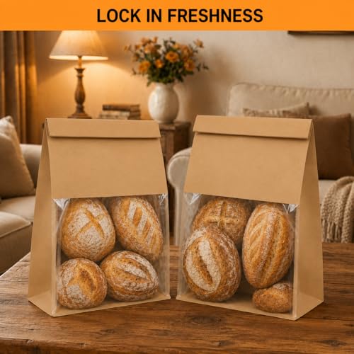 Extra Large Bread Bags for Homemade, 50 Count, 50% Thicker Sourdough Paper With Ties, 15.7 * 10.2 * 5.1 in, Tin Tie Tab Lock Bakery Bags With Window and Sealing Stickers for Storage Packaging Gifting - color: Print